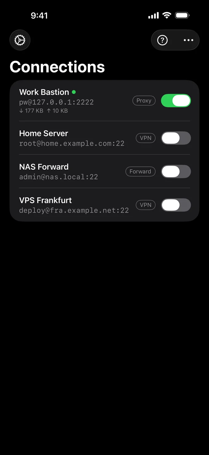 SSH Tunnel connection list on an iPhone