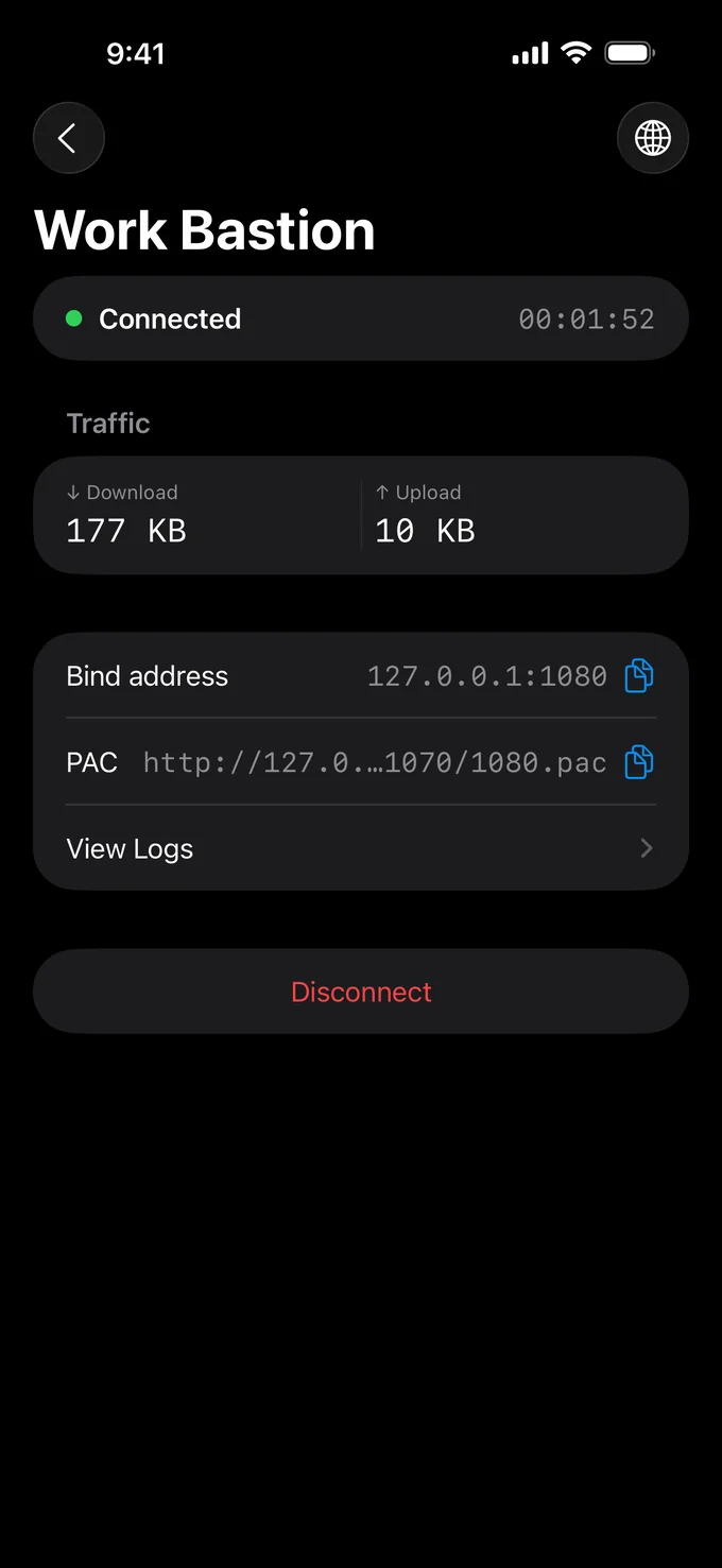 Active proxy tunnel screen with bind address and PAC URL