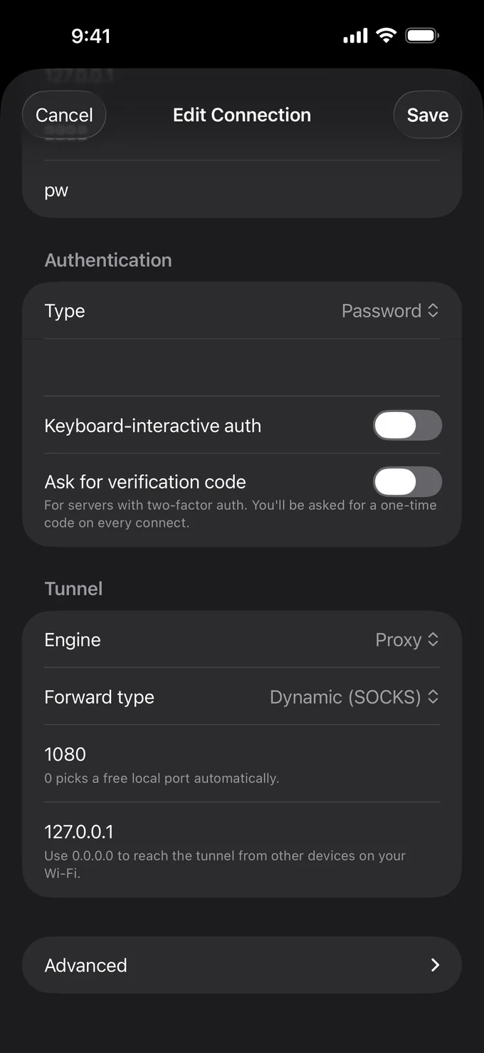 Connection settings, password authentication