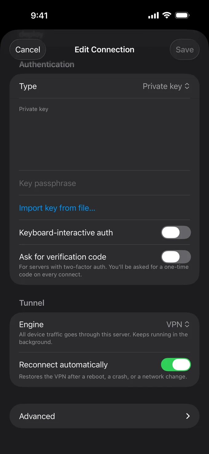 Connection settings, private key and VPN engine