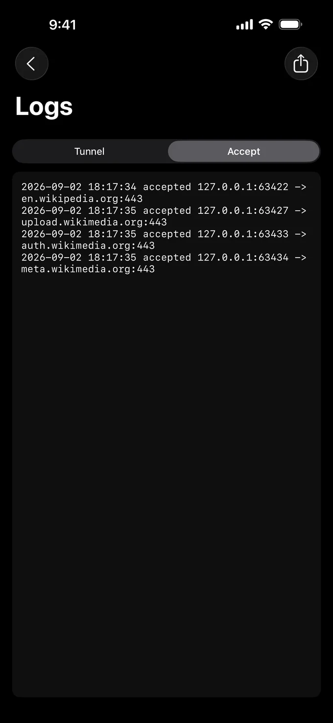 Connection log screen